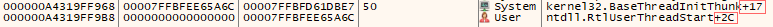 x64dbg call stack tab showing RtlUserThreadStart offset 0x2C and BaseThreadInitThunk offset 0x17