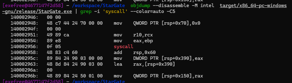 Syscall instruction visible in static analysis/decompiled binary