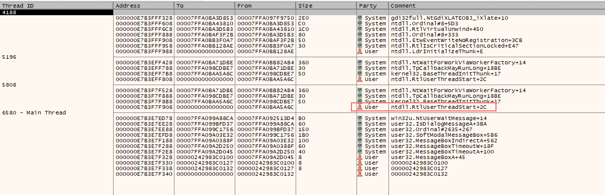 x64dbg breakpoint on RtlUserThreadStart showing APC processing