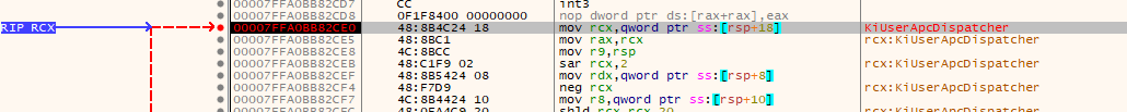 x64dbg call stack showing KiUserApcDispatcher invocation